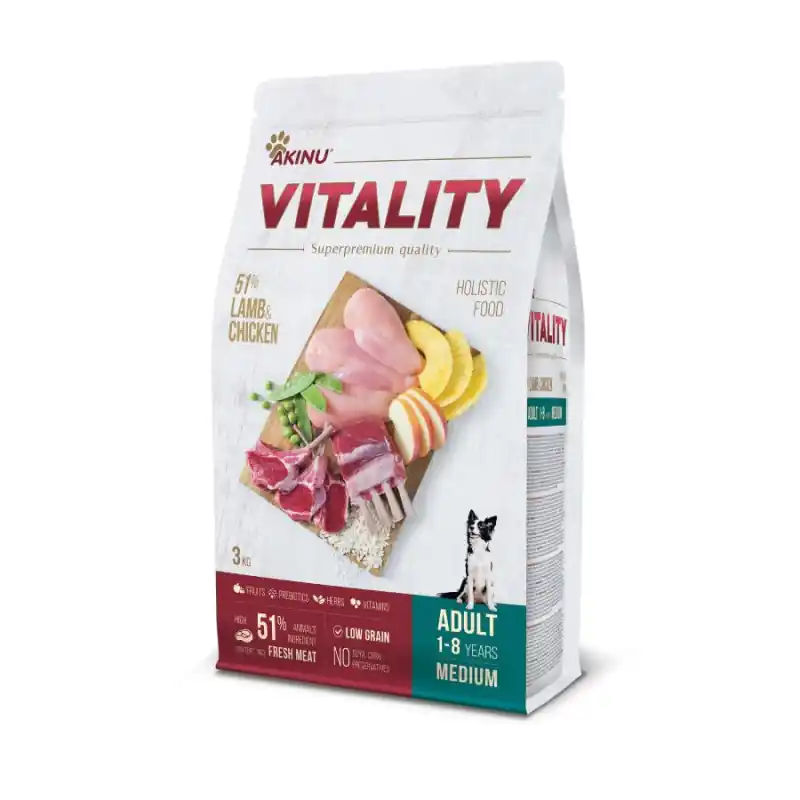 Cenová Bomba Akinu VITALITY Jehněčí & Kuřecí granule pes střední 12kg