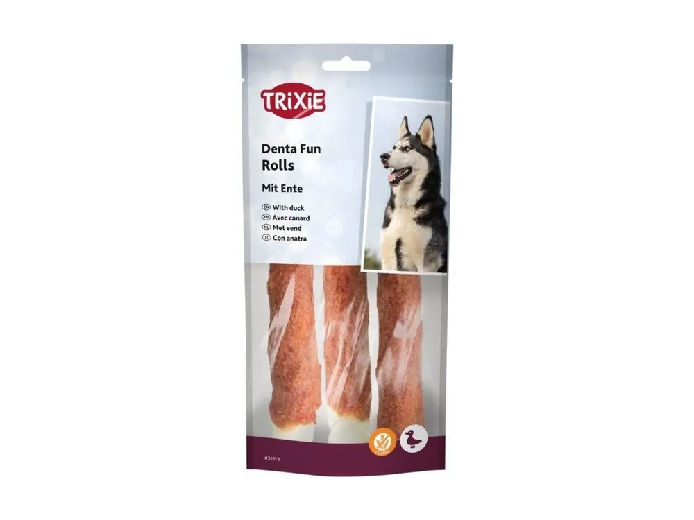 Pochoutka Trixie DentaFun buvolí kůže obalená kachním, rolky 3ks 140g Super Cena