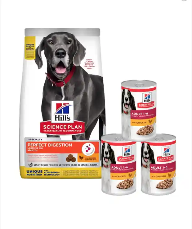 Nízká Cena HILL‘S Science Plan Canine Adult Large Perfect Digestion kuře a hnědá rýže 14 kg krmivo pro zdravé trávení pro velké psy + 3 konzervy ZDARMA